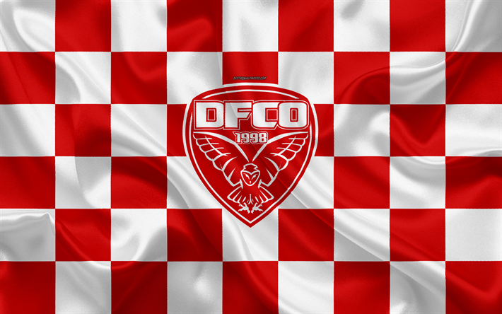 Dijon FCO, 4k, logo, creative art, white red checkered flag, French football club, Ligue 1, emblem, silk texture, Dijon, France, football, Dijon FC