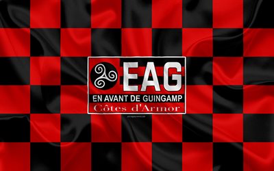 En Avant de Guingamp, 4k, logo, creative art, red-black checkered flag, French football club, Ligue 1, emblem, silk texture, Guingand, France, football