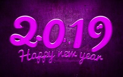 2019 year, purple digits, creative, 2019 concepts, metal background, abstract art, Happy New Year 2019