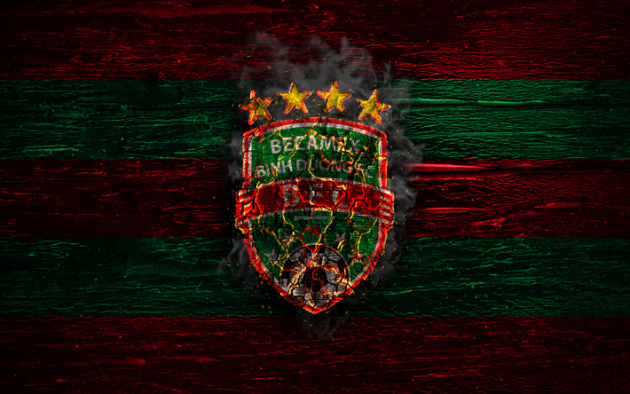 Binh Duong FC, fuoco, logo, V-League, linee rossa e verde, Vietnamita football club, grunge, calcio, V League 1, Binh Duong, di legno, texture, Vietnam