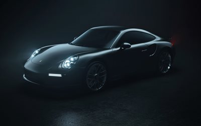 Porsche 911 Turbo, darkness, 2018 cars, headlights, gray 911 Turbo, german cars, Porsche