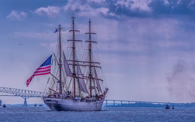 Gamla Segelb&#229;t, USA, Amerikanska Flaggan, Vacker Vit Segelb&#229;t, US Coast Guard, USA Flagga