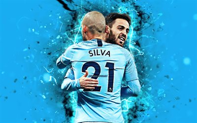 David Silva, Bernardo Silva, goal, Manchester City FC, footballers, soccer, Silva, Premier League, Man City, neon lights