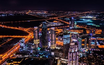 Dubai, 4k, cityscapes, nightscapes, skyscrapers, United Arab Emirates, UAE