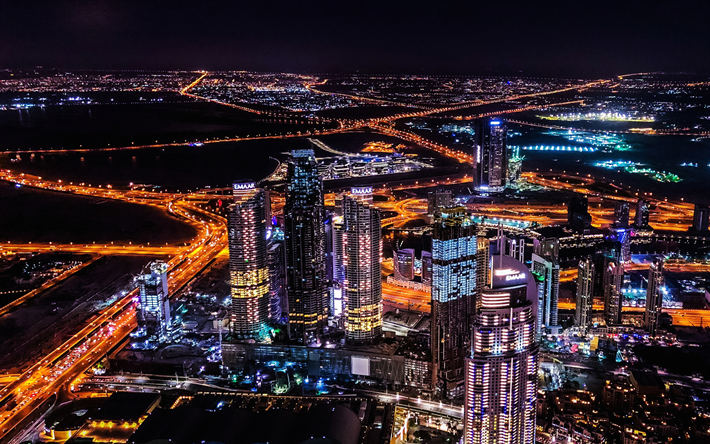 Dubai, 4k, kaupunkimaisemat, nightscapes, pilvenpiirt&#228;ji&#228;, Yhdistyneet Arabiemiirikunnat, UAE