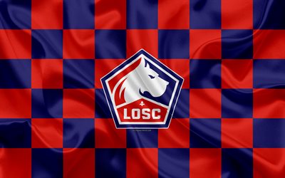 Lille OSC, 4k, new logo, creative art, red blue checkered flag, French football club, Ligue 1, emblem, silk texture, Lille, France, football, Lille FC