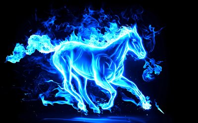 blue neon hevonen, creative art, sininen savu, sininen liekki, hevoset, neon art, neon siluetti hevonen