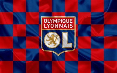 Olympique Lyonnais, FC Lyon, 4k, logo, creative art, red blue checkered flag, French football club, Ligue 1, emblem, silk texture, Lyon, France, football
