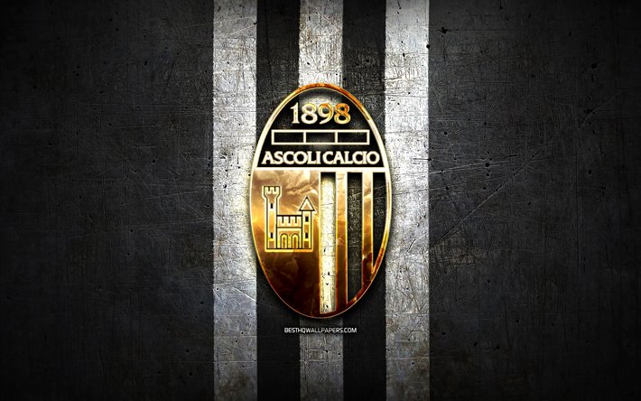 Ascoli FC, golden logotyp, Serie B, black metal bakgrund, fotboll, Ascoli Calcio 1898, italiensk fotboll club, Ascoli logotyp, Italien