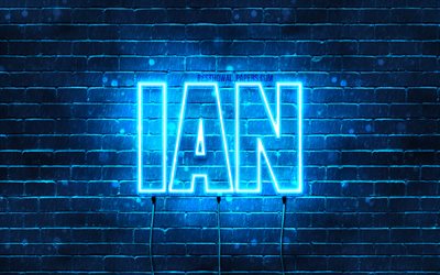 Ian, 4k, fondos de pantalla con los nombres, el texto horizontal, Ian nombre, luces azules de ne&#243;n, foto con Ian nombre