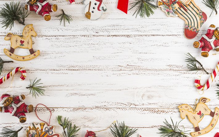 クリスマスフレーム, 木白背景, 謹賀新年, 木肌, クリスマスの飾り