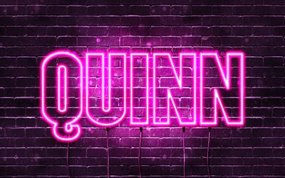 Quinn, 4k, fondos de pantalla con los nombres, los nombres femeninos, Quinn nombre, p&#250;rpura luces de ne&#243;n, el texto horizontal, imagen con el nombre de Quinn