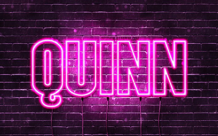 Quinn, 4k, wallpapers with names, female names, Quinn name, purple neon lights, horizontal text, picture with Quinn name