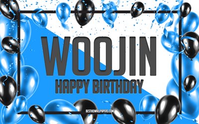 お誕生日おめでWoojin, お誕生日の風船の背景, 人気の韓国の男性の名前, Woojin, 壁紙と朝鮮-韓国式の氏名, 青球誕生の背景, ご挨拶カード, Woojin誕生日
