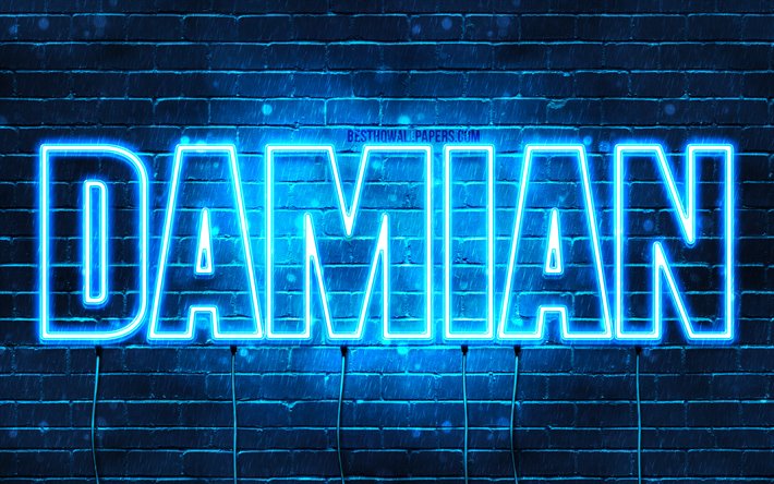 Damian, 4k, taustakuvia nimet, vaakasuuntainen teksti, Damian nimi, blue neon valot, kuva Damian nimi
