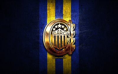 Rosario Central FC, de oro logotipo, Argentino de Primera Divisi&#243;n, de metal de color azul de fondo, f&#250;tbol, CA Rosario Central, el argentino de clubes de f&#250;tbol, Rosario Central logotipo, el f&#250;tbol, la Argentina, el Club Atl&#233;tico