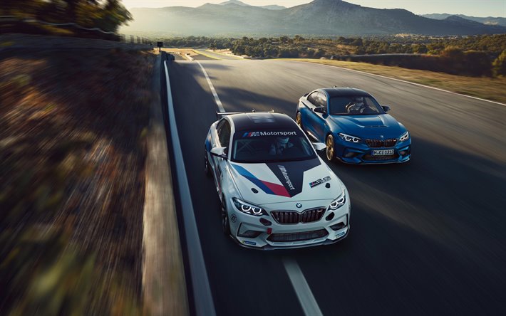 BMW M2 CS Racing, 2019, sports coupe, white M2, blue M2, tuning M2, German cars, BMW