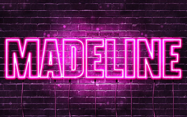 Madeline, 4k, fondos de pantalla con los nombres, los nombres femeninos, Madeline nombre, p&#250;rpura luces de ne&#243;n, el texto horizontal, imagen con el nombre Madeline