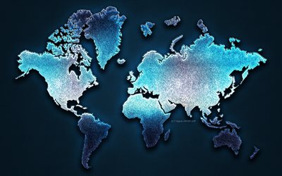 De metal de color azul mapa del mundo, el azul de textura de cuero, mundo, mapa de conceptos, de arte de metal