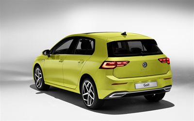 2020, Volkswagen Golf, takaa katsottuna, ulkoa, keltainen viistoper&#228;, uusi keltainen Golf, Saksan autoja, Volkswagen