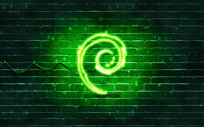 Debian gr&#246;n logotyp, 4k, gr&#246;na brickwall, Debians logotyp, Linux, Debian neon logotyp, Debian
