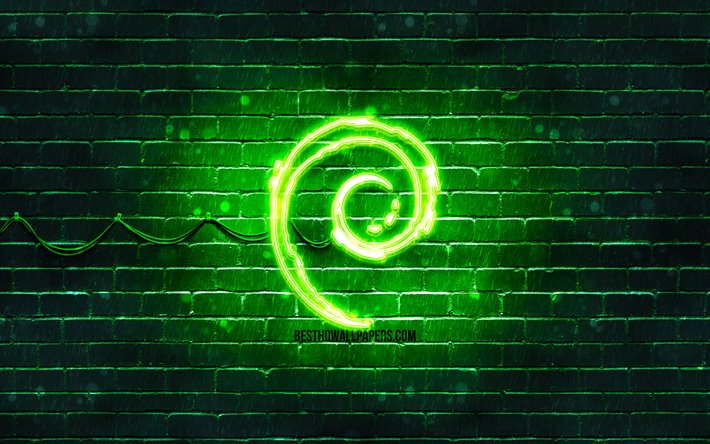 Debian green logo, 4k, green brickwall, Debian logo, Linux, Debian neon logo, Debian
