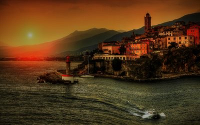 Mediterranean Sea, evening, sunset, lighthouse, coast, mountain landscape, Italy