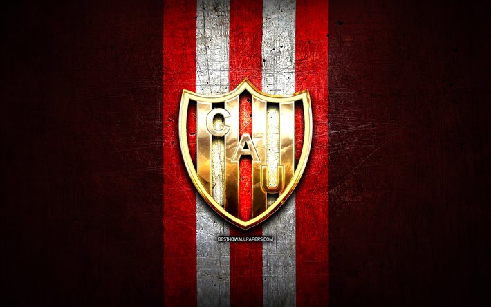 Uni&#227;o FC, ouro logotipo, Argentina Primera Divis&#227;o, vermelho de metal de fundo, futebol, Uni&#227;o de Santa Fe, argentino de futebol do clube, Logotipo uni&#227;o, Argentina, Clube Atl&#233;tico Uni&#227;o, AC Uni&#227;o
