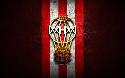 Huracan FC, golden logo, Argentine Primera Division, red metal background, football, CA Huracan, argentinian football club, Huracan logo, soccer, Argentina, Club Atletico Huracan