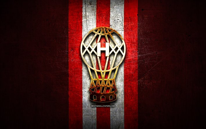 Huracan FC, logo dor&#233;, Argentine Primera Division, rouge m&#233;tal, fond, football, CA Huracan, l&#39;argentin du club de football, Huracan logo, le football, l&#39;Argentine, le Club Atl&#233;tico Hurac&#225;n
