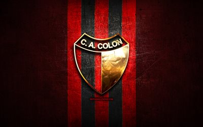 Colon FC, golden logo, Argentine Primera Division, red metal background, football, Colon Santa FE, argentinian football club, Colon logo, soccer, Argentina, Club Atletico Colon, CA Colon