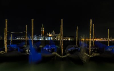 Venice, night, boats, St Marks Basilica, Bell tower, Italian city, Italy