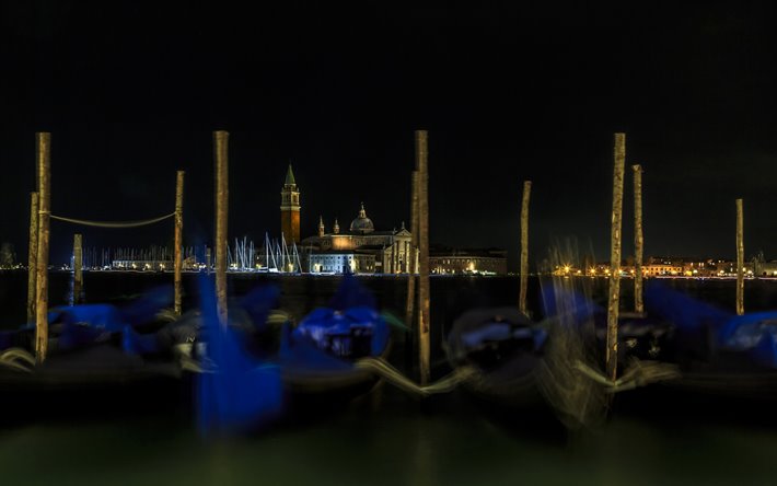 Venezia, notte, barche, San marco, Basilica, Campanile, citt&#224; italiana, Italia