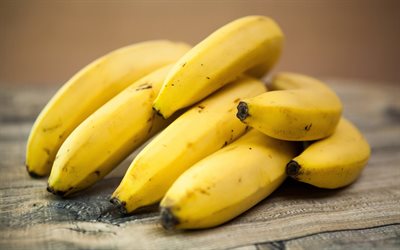 bananer, 4k, tropiska frukter, close-up, klase bananer, frukt, mogna bananer