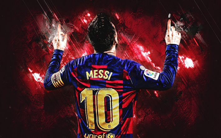 Lionel Messi, FC Barcelona, Arjantinli futbolcu, UEFA Şampiyonlar Ligi, İspanya, Catalonia, futbol, bordo taş arka plan