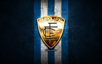 Empoli FC, golden logo, Serie B, blue metal background, football, FC Empoli, italian football club, Empoli logo, soccer, Italy