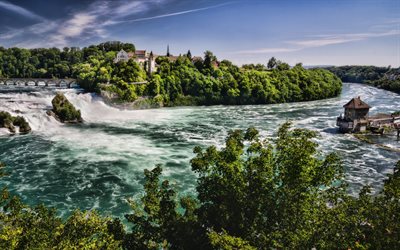 Rhein Falls, 4k, summer, river, Schaffhausen, swiss nature, Switzerland, Europe, beautiful nature