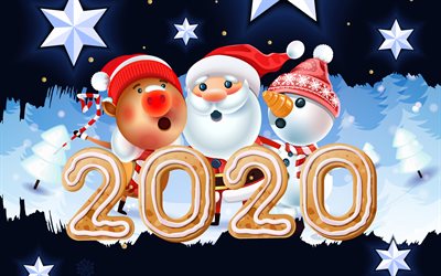 Happy New Year 2020, 4k, cartoon christmas characters, creative, 2020 cookies digits, 2020 cookies art, 2020 concepts, golden glitter digits, 2020 on blue background, 2020 year digits