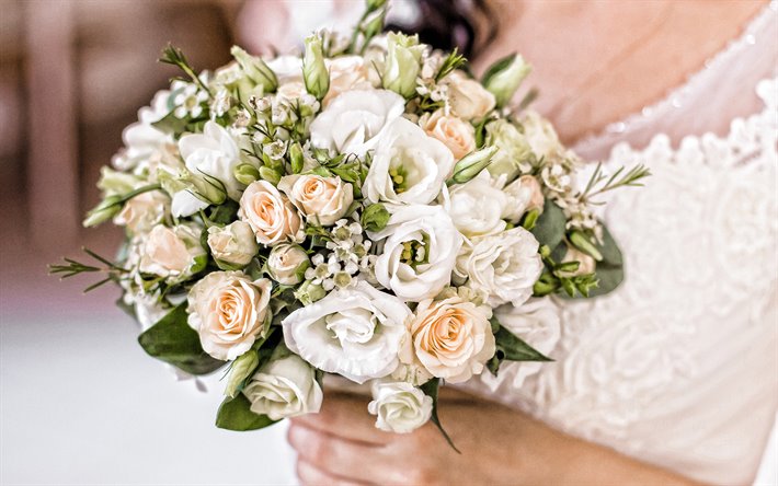 結婚式の花束, 花嫁, 結婚式の概念, 白バラの花, 結婚指輪, バラのお花のブーケ