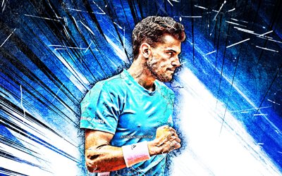 Dominic Thiem, grunge arte, de la ATP, austria jugadores de tenis, pista de tenis, azul abstracto rayos, Thiem, fan art