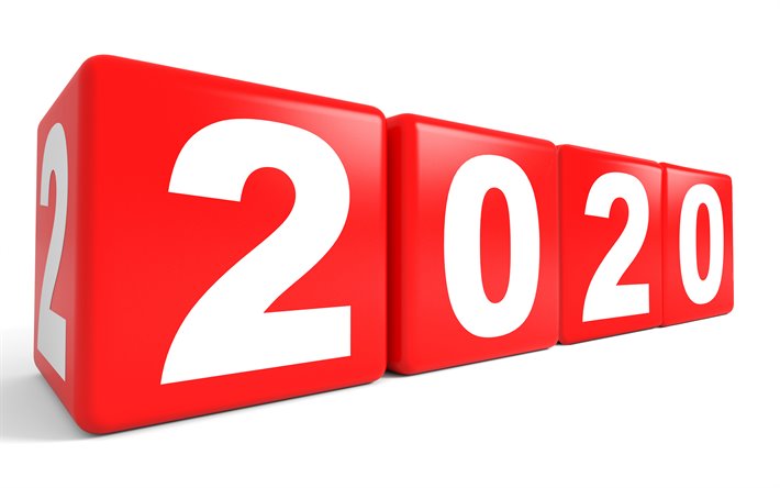 سنة جديدة سعيدة عام 2020, أحمر مكعبات 3d, 4k, 2020 السنة الجديدة, 2020 المفاهيم, خلفية بيضاء, 2020 خلفية 3d