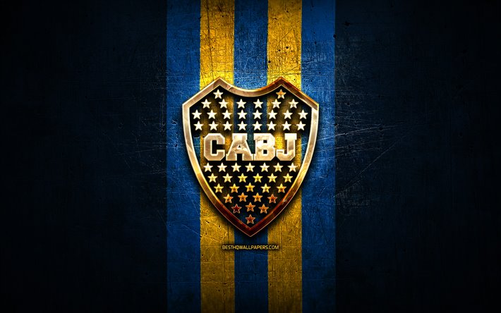 Boca Juniors FC, golden logo, Argentine Primera Division, blue metal background, football, CA Boca Juniors, argentinian football club, Boca Juniors logo, soccer, Argentina, Club Atletico Boca Juniors