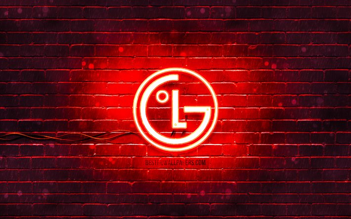LG logo rosso, 4k, rosso, brickwall, il logo LG, marche, LG neon logo LG