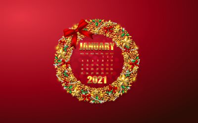 2021年1月カレンダー, 赤い背景, 2021の概念, 1月, クリスマスフレーム, クリスマスの黄金の装飾品, 新年。, 2021年1月, calendar