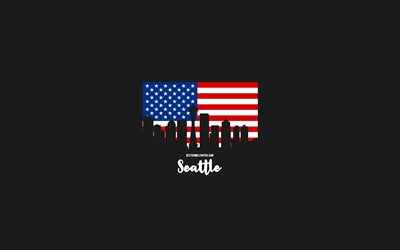 Seattle, American cities, Seattle silhouette skyline, USA flag, Seattle cityscape, American flag, USA, Seattle skyline