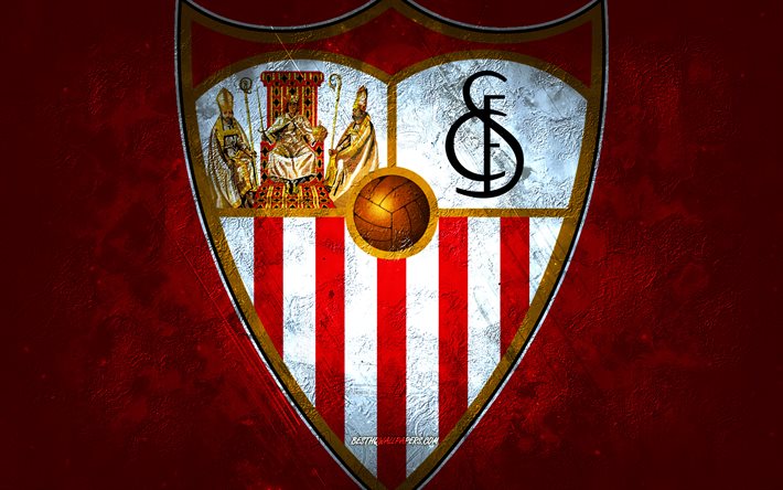 Sevilla FC, club de football espagnol, fond de pierre rouge, logo Sevilla FC, art grunge, La Liga, football, Espagne, embl&#232;me du Sevilla FC