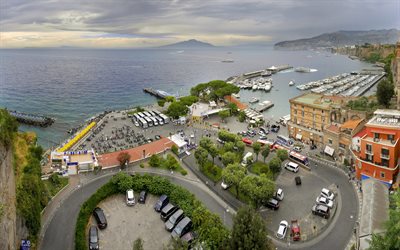 Sorrento, Neapelbukten, Medelhavet, marinm&#229;lning, panorama, Sorrento stadsbild, Campania, Italien