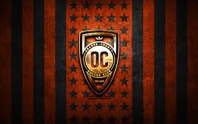 Bandiera della contea di Orange, USL, sfondo di metallo nero arancione, club di calcio americano, logo di Orange County, USA, calcio, Orange County SC, logo dorato