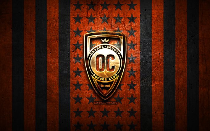 Bandiera della contea di Orange, USL, sfondo di metallo nero arancione, club di calcio americano, logo di Orange County, USA, calcio, Orange County SC, logo dorato