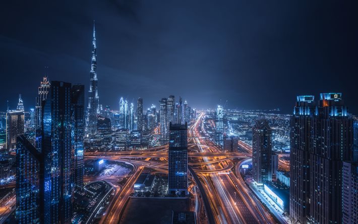 Dubai, 4k, incroci stradali, Burj Khalifa, paesaggi notturni, edifici moderni, grattacieli, Emirati Arabi Uniti, paesaggi urbani, Dubai di notte